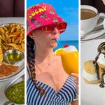 A vibrant collage of three summer scenes: On the left, a plate with a broiled lobster tail, golden hand-cut fries, a wedge of lemon, and drawn butter is served on a classic red-trimmed plate, accompanied by fresh salad and chimichurri sauce on a white-clothed table. In the center, a person in a striped swimsuit and a bright red bucket hat embroidered with